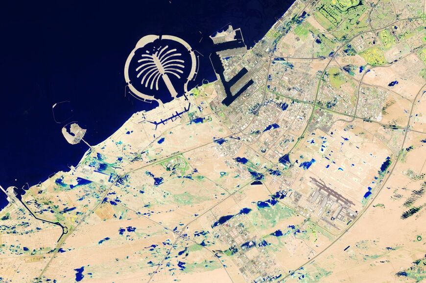 Satellite images released by NASA of where the flooding affected Jebel Ali, a commercial hub southwest of Dubai