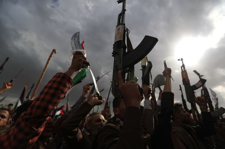Supporters of Yemen's Huthi rebels attend a gathering to mark annual Quds Day commemorations in Sanaa