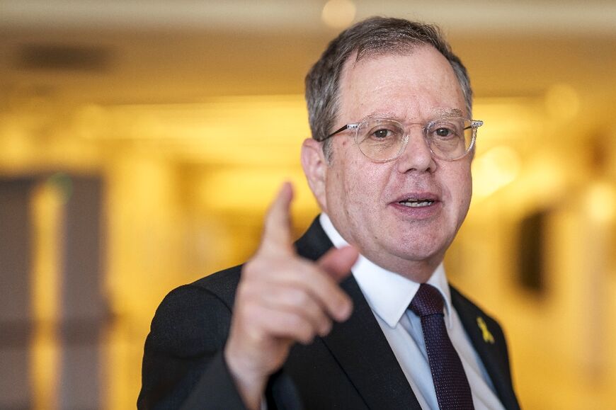 Daniel Meron, Israel's ambassador to the UN, addressing reporters in Geneva
