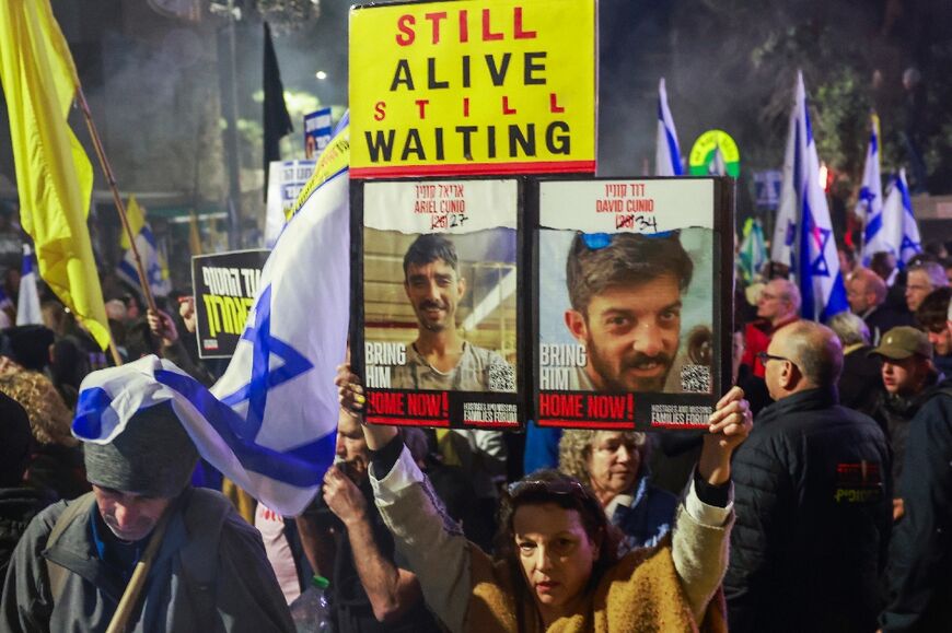 Relatives and supporters of Israelis held hostage in the Gaza Strip rally outside the prime minister's residence in Jerusalem calling on the government for a deal to bring back the remaining captives