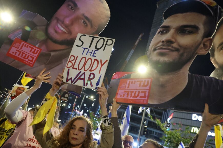 Israeli demonstrators in Tel Aviv, calling for action to secure the release of hostages held in Gaza