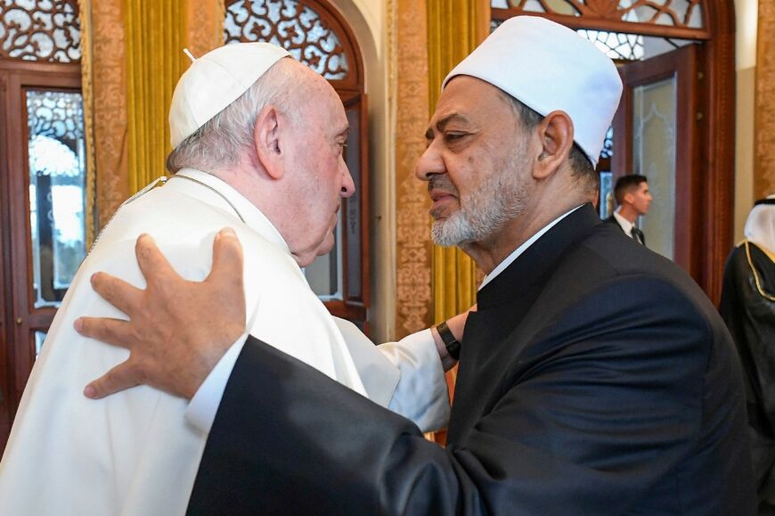 Pope Francis embraces Sheikh Ahmed Al-Tayeb during a 2022 meeting in Bahrain
