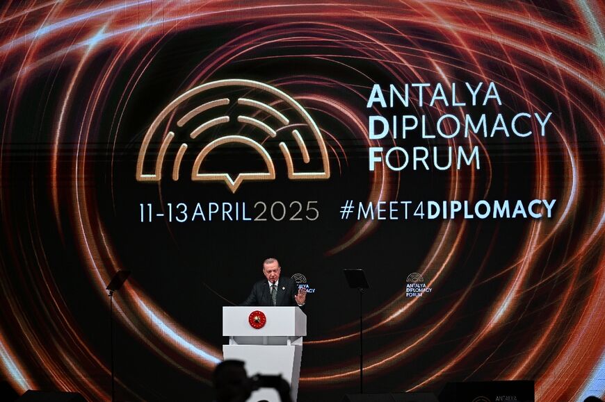 Turkey's President Recep Tayyip Erdogan speaking at the opening ceremony of the fourth edition of the Antalya Diplomacy Forum