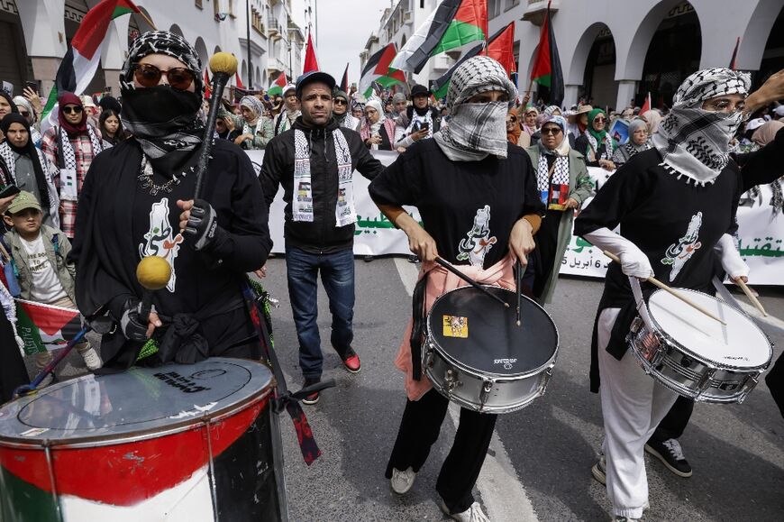 Marchers beat drums in support of the Palestinians and against Morocco's normalisation of ties with Israel