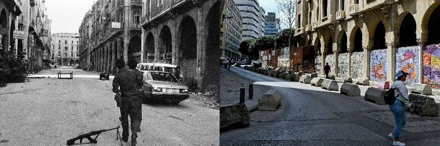 A combination of pictures shows Palestinian fighters (L) walking past the Maarad arcades towards a car parked on the deserted street in downtown Beirut on July 21, 1982 and pedestrians (R) walking in the same area on April 10, 2025