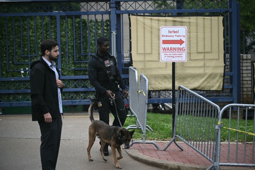 A K-9 unit arrives at the Israeli Embassy in Washington
