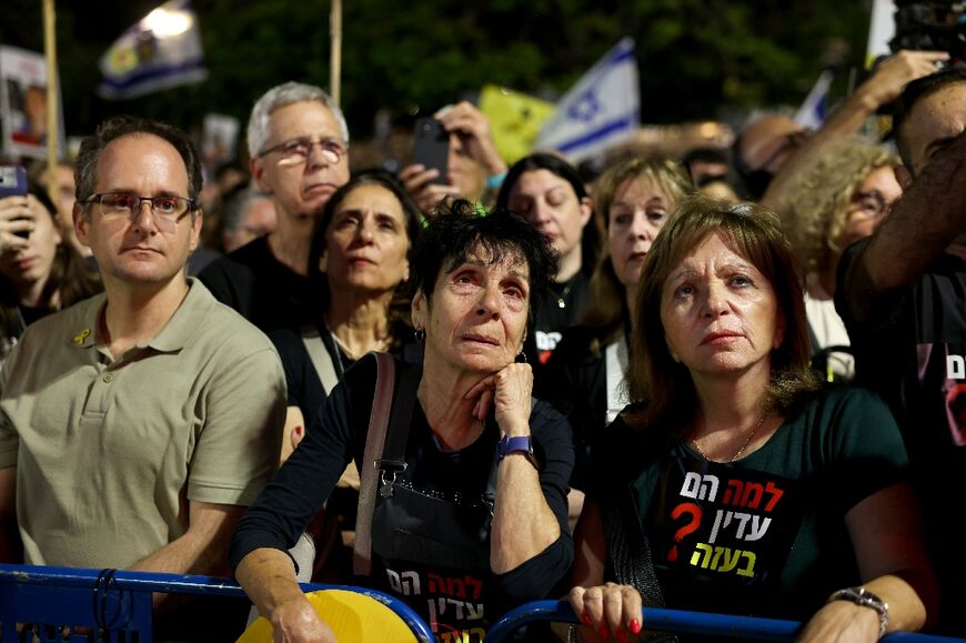 Relatives and supporters of Israeli hostages join a protest at Hostages Square in Tel Aviv