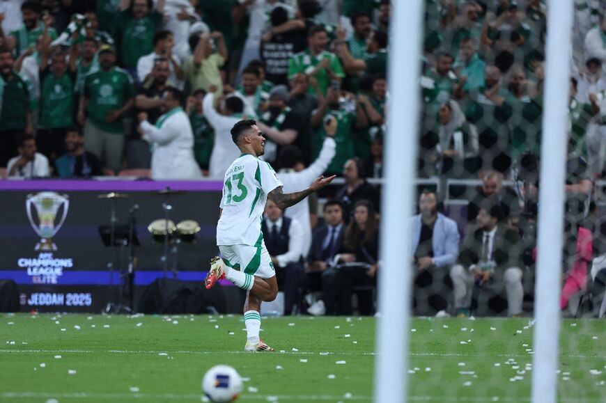 Al Ahli's Brazilian forward Galeno celebrates scoring his team's first goal during the AFC Champions League final 