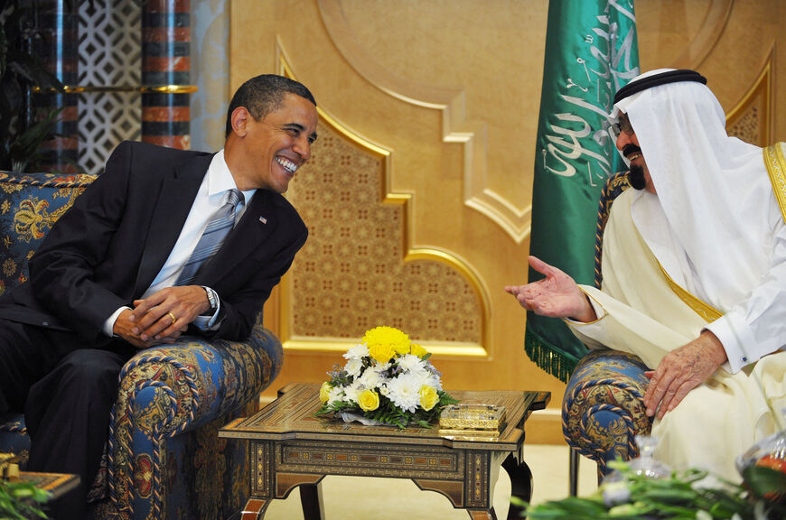 US President Barack Obama and Saudi King Abdullah bin Abdul Aziz al-Saud (R) share a laugh during a welcoming reception at the king's ranch in al-Janadriya in the outskirts of Riyadh on June 3, 2009. Obama arrived in Saudi Arabia at the start of a mission to the Middle East where he will reach out to the world's Muslims and promote peace. Obama is due to hold talks with the king before heading to Egypt on June 4 to give a much-anticipated address to the Muslim world at Cairo University. AFP PHOTO/Mandel NGA