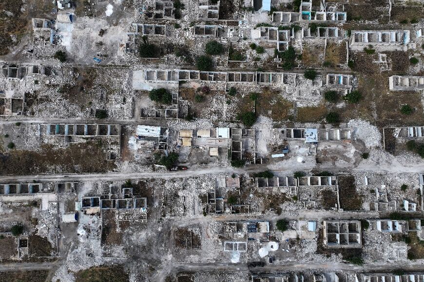 A scene of devastation: destroyed homes in the village of Al-Hawash, pictured from above