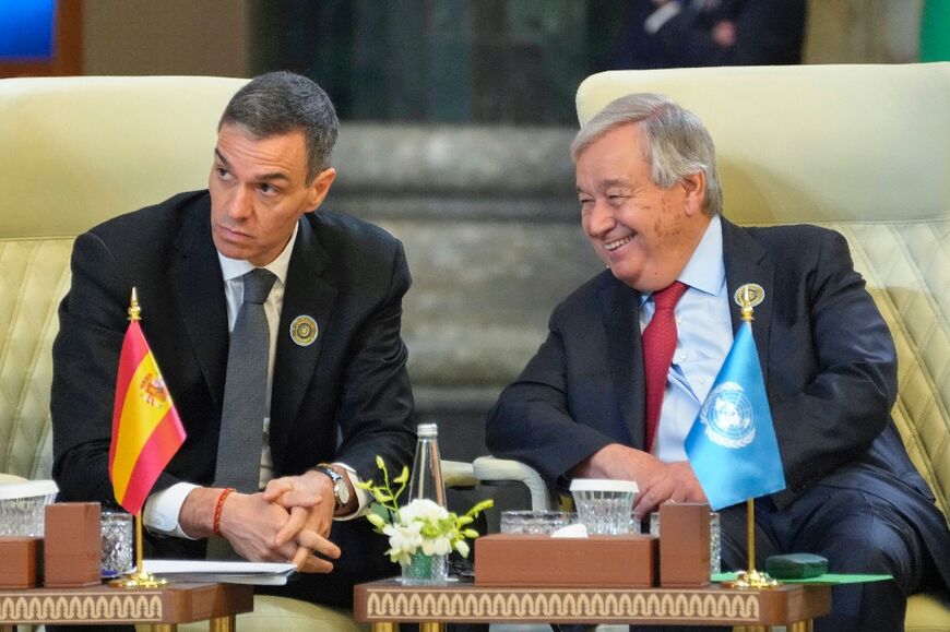 Spanish Prime Minister Pedro Sanchez and UN Secretary General Antonio Guterres attend the 34th Arab League summit in Baghdad