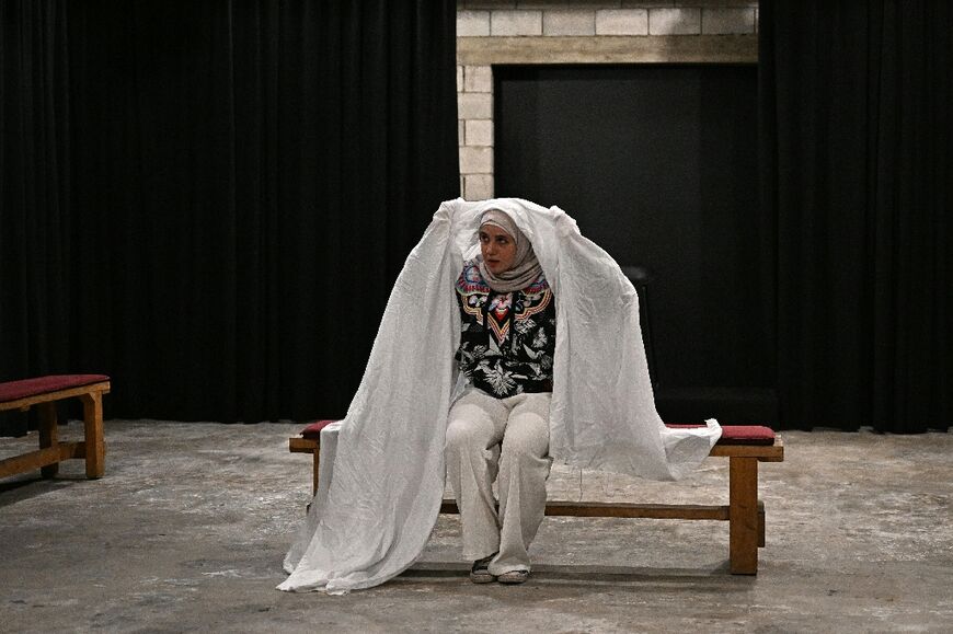 Lebanese director and actress Fatima Bazzi takes part in a rehearsal of her latest theatrical work, 'Suffocated'