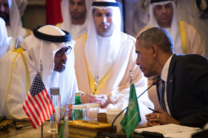 US President Barack Obama (R) speaks with Sheikh Mohammed bin Zayed al-Nahyan (L), Crown Prince of Abu Dhabi, during the US-Gulf Cooperation Council Summit in Riyadh, on April 21, 2016. Obama met Gulf leaders in Saudi Arabia to push for an intensified campaign against the Islamic State group, despite strains in Gulf ties with Washington. (Photo by Jim Watson / AFP) (Photo by JIM WATSON/AFP via Getty Images)