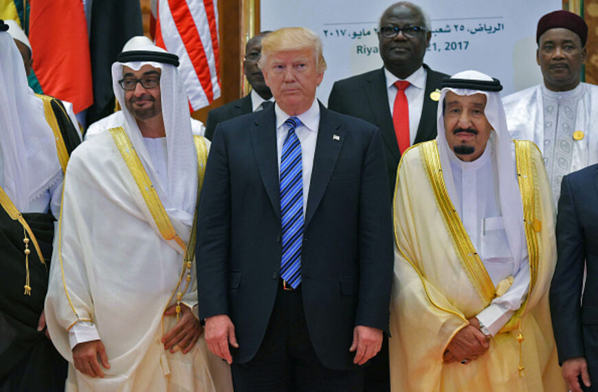 US President Donald Trump (C) and Saudi Arabia's King Salman bin Abdulaziz al-Saud (R) and Crown Prince of Abu Dhabi Mohammed bin Zayed Al Nahyan (L) pose for a group photo during the Arab Islamic American Summit at the King Abdulaziz Conference Center in Riyadh on May 21, 2017. (Photo by MANDEL NGAN / AFP) (Photo by MANDEL NGAN/AFP via Getty Images)