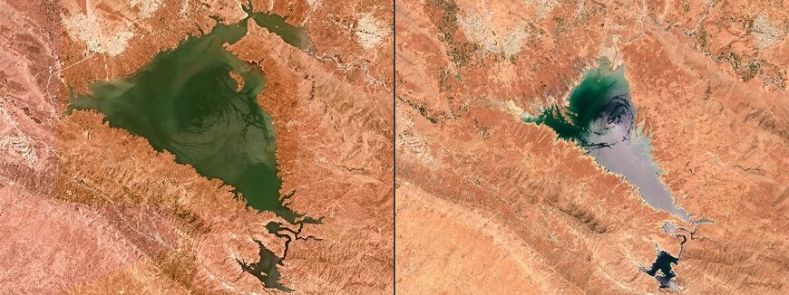 This combination of handout satellite pictures obtained from Planet Labs PBC and taken on (L to R) May 28, 2019 and May 31, 2025 show views of the reservoir of the Dukan Dam, northwest of Iraq's northeastern city of Sulaimaniyah