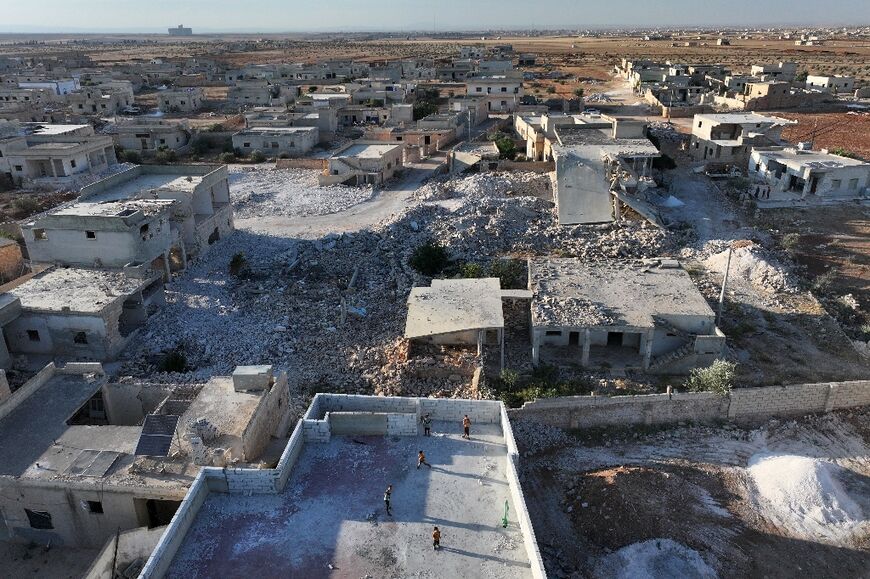 An aerial photograph  of the village of Tal Mardikh, in Syria's northwestern Idlib province, on June 2, 2025