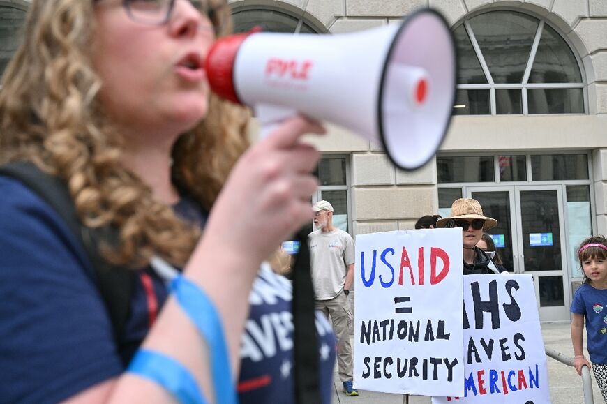 Demonstrators gather outside USAID offices to protect cuts on April 5, 2025