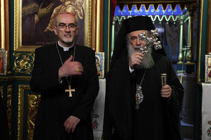 Latin Patriarch of Jerusalem Pierbattista Pizzaballa and Greek Orthodox Patriarch of Jerusalem Theophilos III also visited Saint Porphyrius Church 