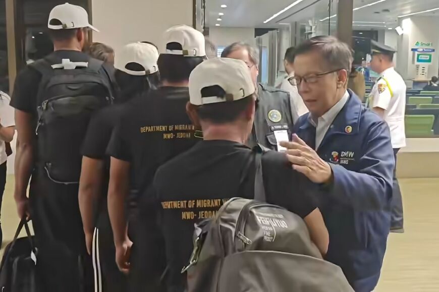 Philippine officials welcoming the seafarers of the Eternity C as they arrive in Manila after another attack by Huthis