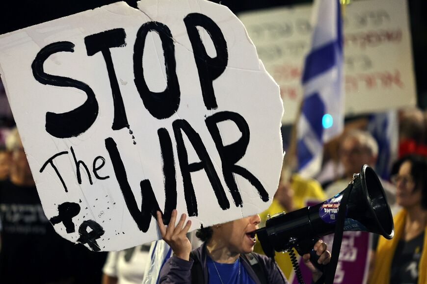 Israelis call for action to secure the release of hostages at a protest in front of the prime minister's residence in Jerusalem, on September 16, 2025
