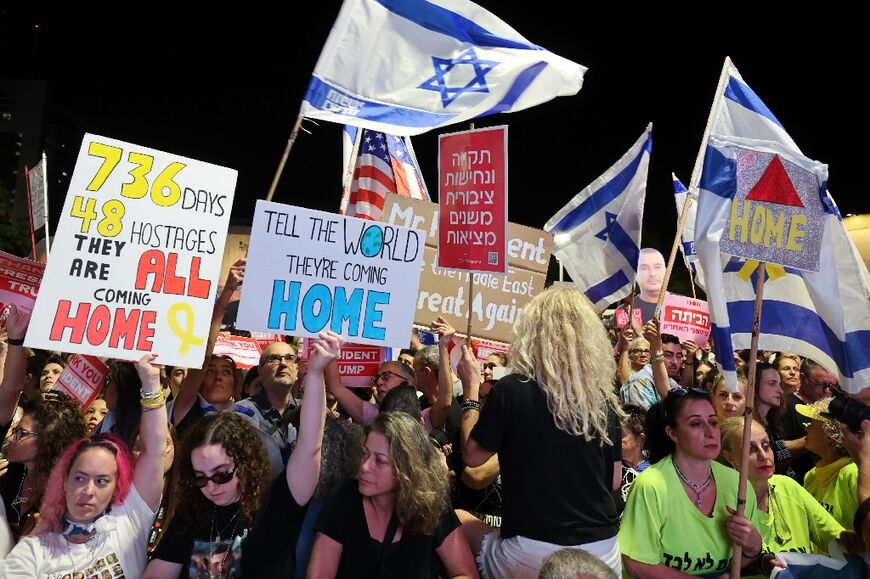People gather at "Hostages' Square" in Tel Aviv, to celebrate the agreement signed between Israel and Hamas for a hostage–prisoner exchange deal based on a 20-point plan proposed by US President Donald Trump, on October 11, 2025