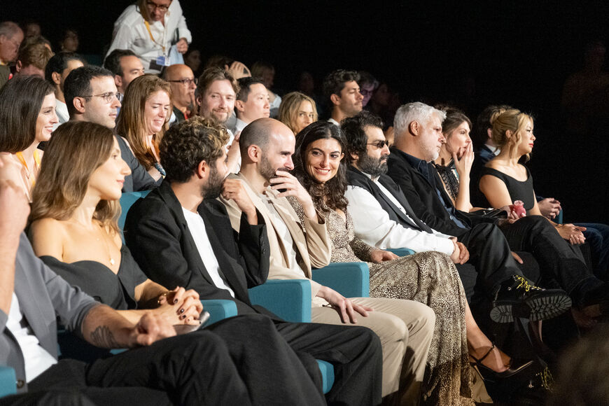 Cyril Aris (middle) and the co-stars of “A Sad and Beautiful World,” Hasan Akil (L) and Mounia Akl (R) at the Giornate Degli Autori section of the Venice Film Festival, photo published by Giornate Degli Autori on Sept. 3.