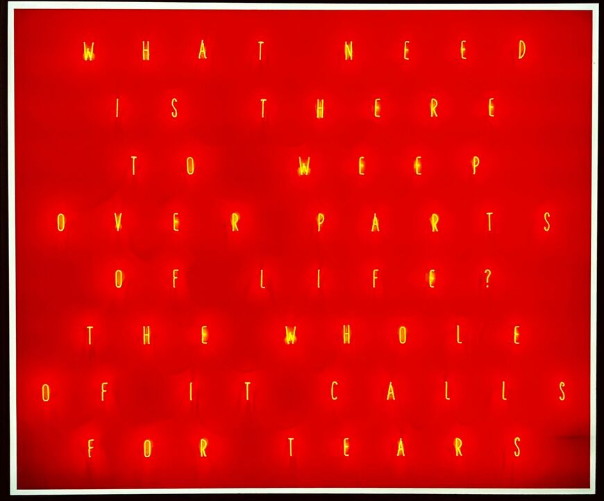 Alfredo Jaar's neon work "WHAT NEED IS THERE TO WEEP OVER PARTS OF LIFE? THE WHOLE OF IT CALLS FOR TEARS"  is one of the key works given to the Gaza Biennale. (Photo: Nazlan Ertan)