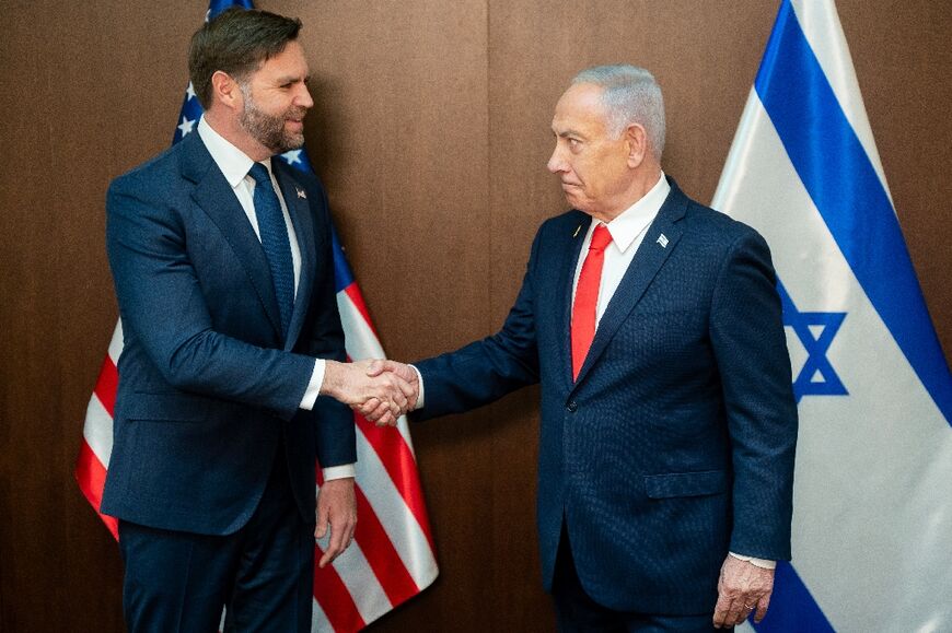 US Vice President JD Vance (L) met Israeli Prime Minister Benjamin Netanyahu in Jerusalem on the seond day of a three day trip to promote the Gaza peace plan
