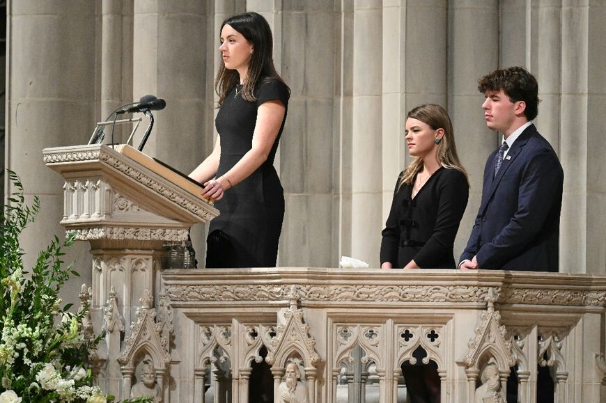 Elizabeth Perry, Richard Perry and Grace Perry, grandchildren of the late US Vice President Dick Cheney, speak during his  funeral service at Washington National Cathedral in Washington, DC, on November 20, 2025