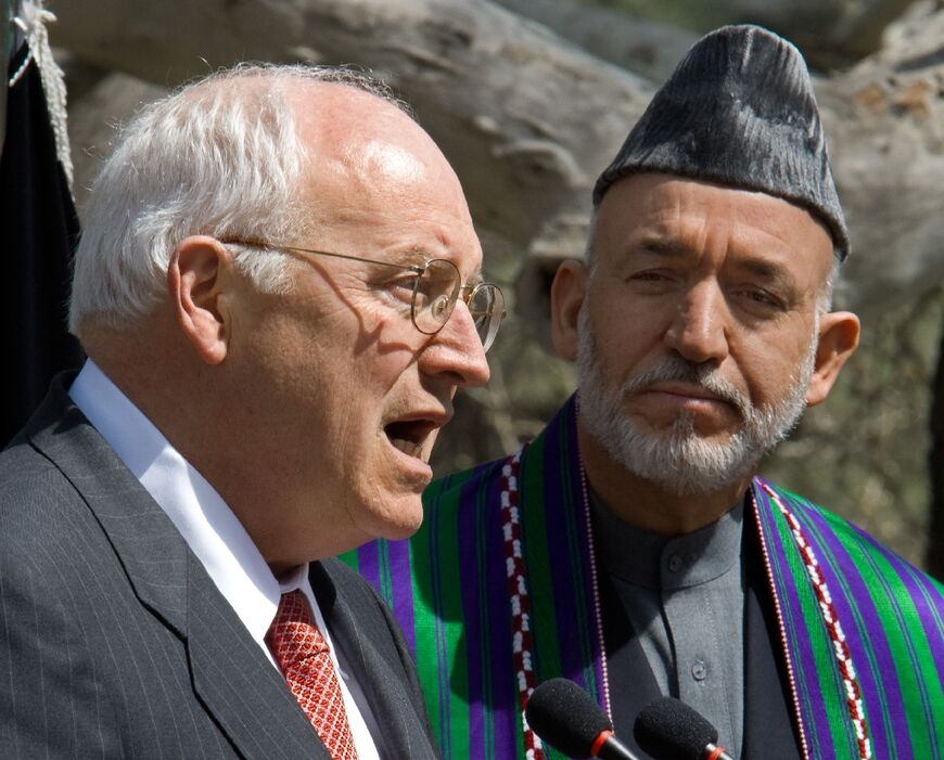 Cheney, seen here with Afghan President Hamid Karzai in 2008, served as George W. Bush’s number two during troubled wars in Afghanistan and Iraq
