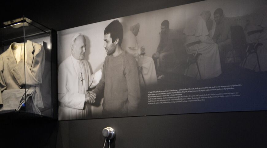 A Browning HP 9mm pistol used by Ali Agca for the assassination attempt on May 13 1981, is on display at the historic house museum of the Holy Father John Paul II Family Home in Wadowice, Poland on April 7, 2014, two days ahead of its official opening.