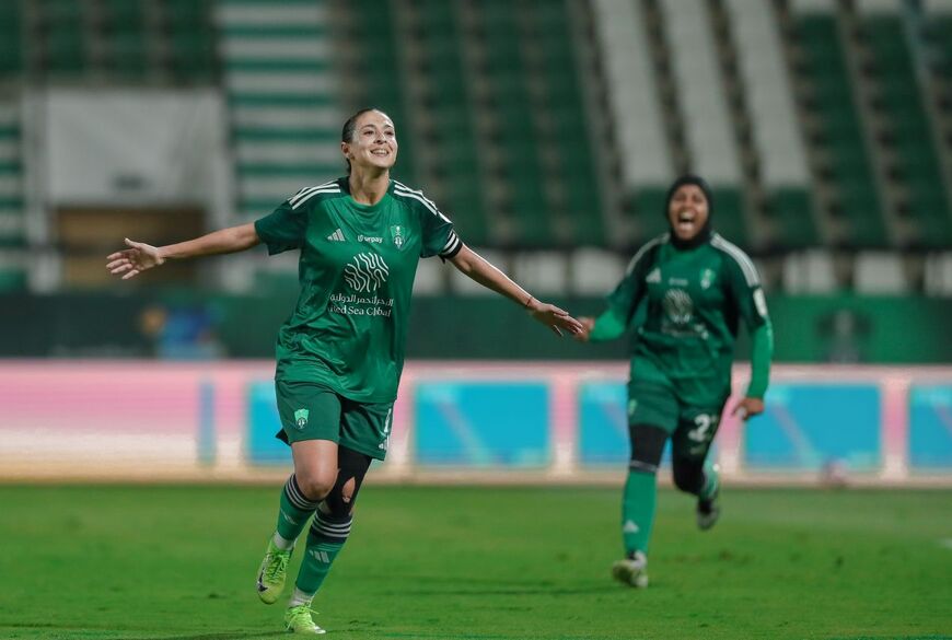 Moroccan Al Ahli player Ibtissam Jraidi celebrates scoring a goal against Al Amal during the 10th round of the 2024/25 Saudi Women’s Premier League season. Credit AWSN