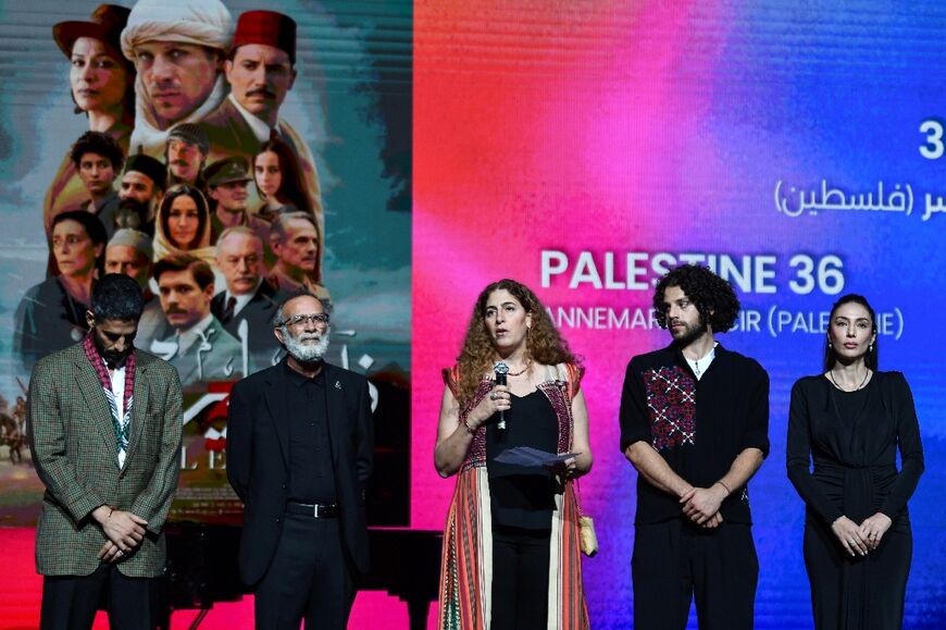 Director Annemarie Jacir with members of the cast 