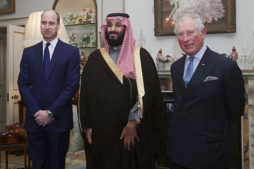 Britain's then-Prince Charles (R) and Britain's Prince William (L) welcomed Saudi Arabia's Crown Prince Mohammed bin Salman (C) in London in March 2018