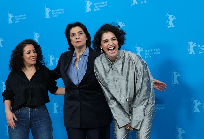 Hiam Abbass (C) with Tunisian film director Leyla Bouzid (L) and French actor Eya Bouteraa (R) at the Berlinale