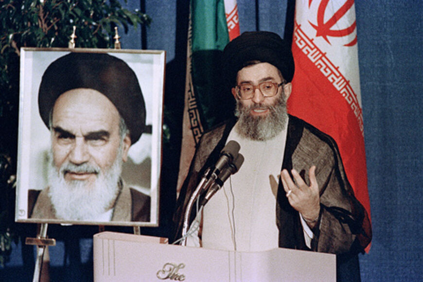 Iranian President Ali Khamenei holds a press conference on September 23, 1987 at the Waldorf Astoria Hotel in New York. (Don Emmert/ AFP via Getty Images)