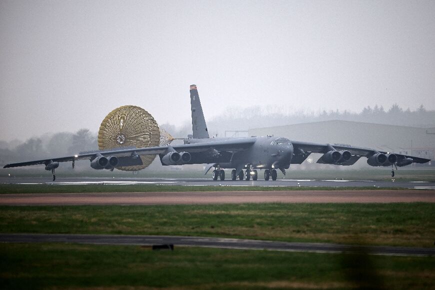 A US Air Force Boeing B-52 Stratofortress on a runway in south west England 