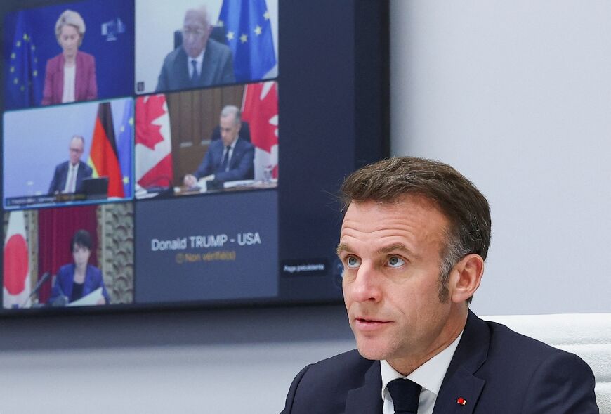 French President Emmanuel Macron chairs a video conference of G7 leaders to discuss the fallout of the Middle East war