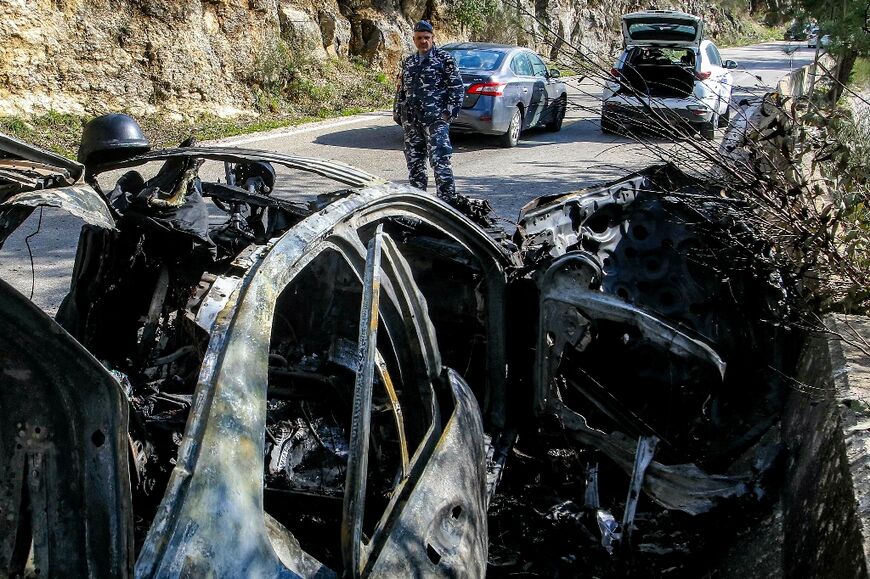 The husk of a destroyed vehicle used by journalists killed by Israel in south Lebanon