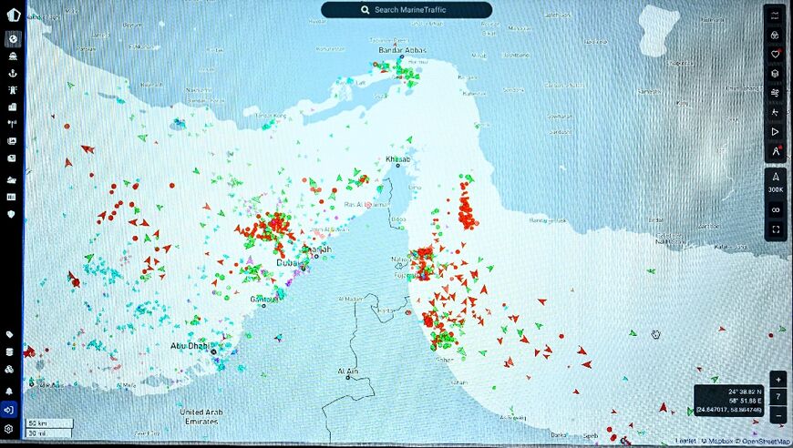 This photograph of a page on the Marinetraffic website shows commercial boat traffic on the edge of the Strait of Hormuz near the Iranian coast, in early March 