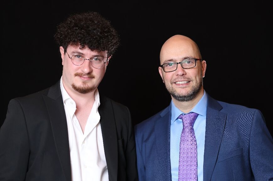 Israeli director Meyer Levinson-Blount (L) and illustrator Oron Caspi (R) are nominees for best live action short film for 'Butcher's Stain'