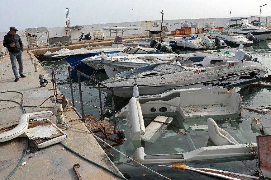 Damaged boats in the port of Tyre