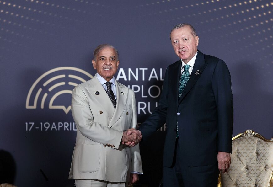 Pakistani Prime Minister Shehbaz Sharif meets Turkish President Recep Tayyip Erdogan on the margins of Antalya Diplomacy Forum 