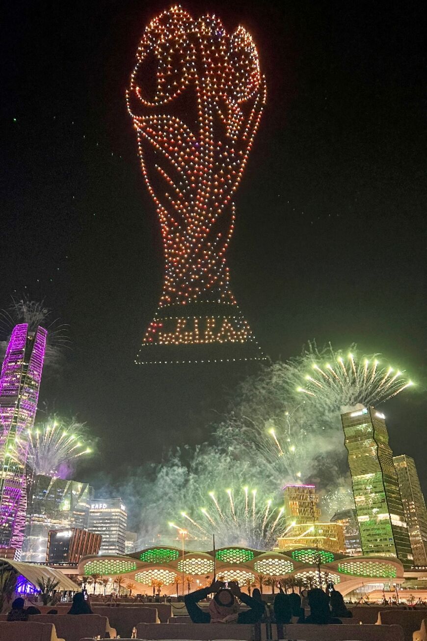 A drone-created light show and fireworks in Riyadh celebrating Saudi Arabia being confirmed as hosts of the 2034 World Cup
