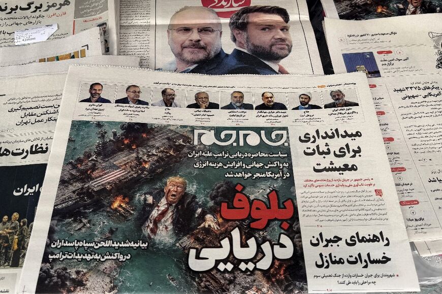 An Iranian newspaper featured a cartoon of US President Donald Trump drowning in the Strait of Hormuz with the headline 'Marine Bluff'