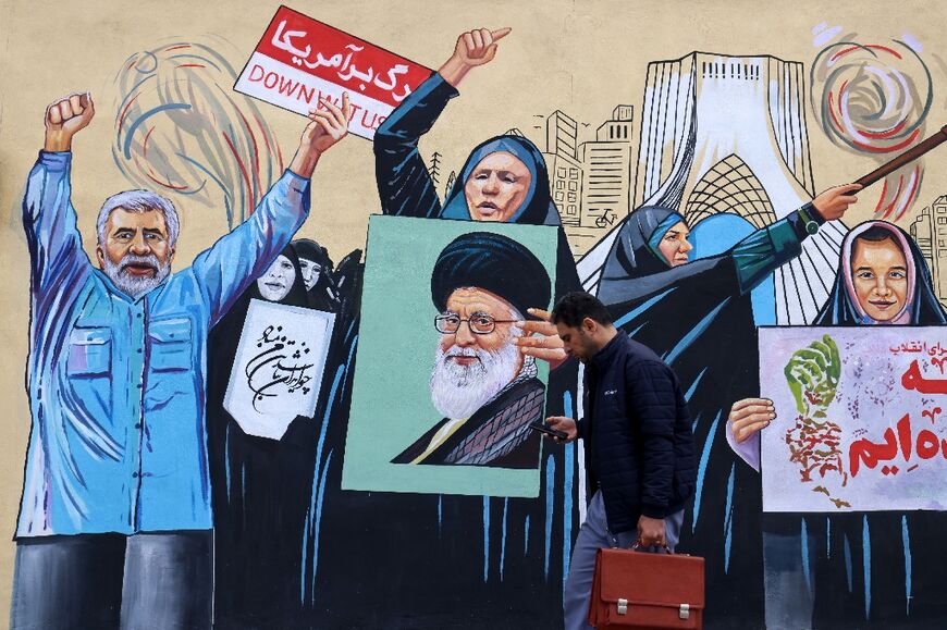 One mural shows demonstrators gathered before Azadi Square, chanting "Death to America," with one holding a portrait of Ali Khamenei