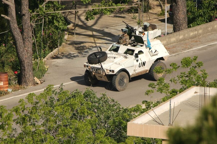A United Nations Interim Force in Lebanon (UNIFIL) armoured vehicle patrols the southern Lebanese border area of Marjayoun