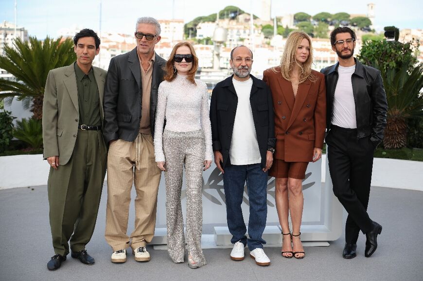 Farhadi (centre) with is all-star French cast, from left Adam Bessa, Vincent Cassel, Isabelle Huppert, Virginie Efira and Pierre Niney