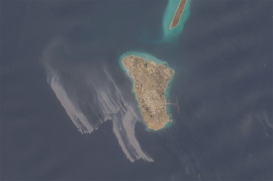 This satellite image obtained from Copernicus Sentinel Data 2026 on May 8, 2026, appears to show an oil slick spreading off the coast of Kharg Island, a key oil export terminal for Iran