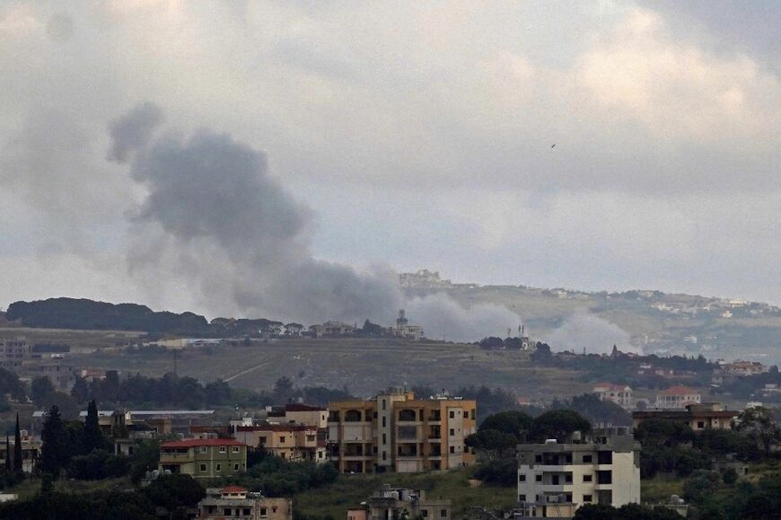 Smoke rises from the site of an Israeli strike that targeted the southern Lebanese village of Kfar Tibnit on May 21